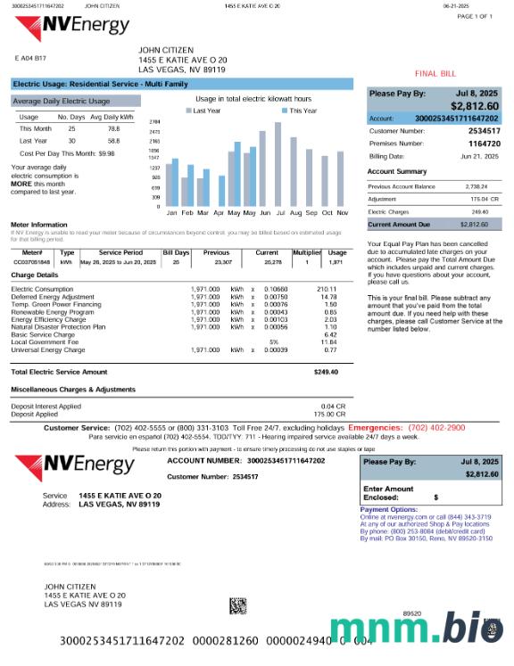 Szablon rachunku za media energetyczne USA NV w formatach Word i PDF, Wersja 2